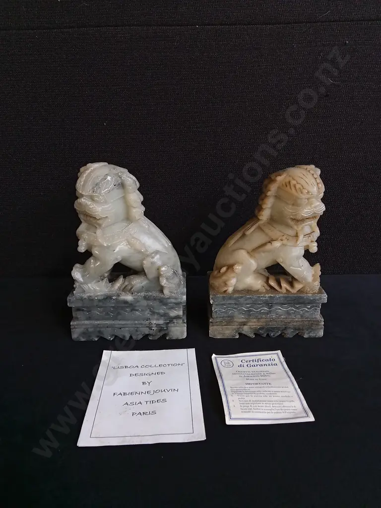 PAIR OF HAND CARVED SOAPSTONE FOODOG LION STATUES Image 1++