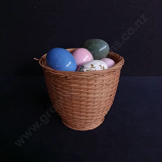 BASKET COLLECTION OF VINTAGE HAND-PAINTED CERAMIC EASTER EGGS