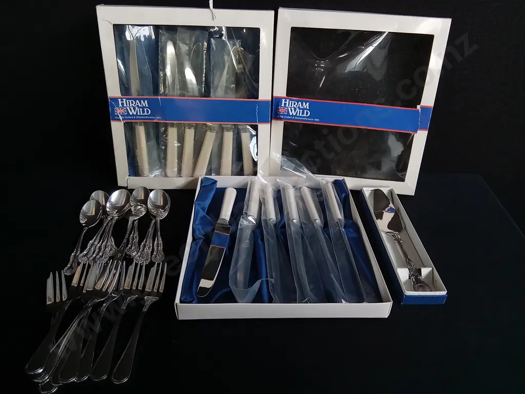 BRAND NEW SILVERWARE, FAIRMOUNT FINE SILVER "DUKE" SPOONS, BANQUET CAKE FORKS, HIRAM WILD KNIVES , SHEFFIELD CAKE SERVER Image 1++