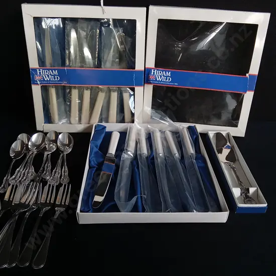 BRAND NEW SILVERWARE, FAIRMOUNT FINE SILVER "DUKE" SPOONS, BANQUET CAKE FORKS, HIRAM WILD KNIVES , SHEFFIELD CAKE SERVER