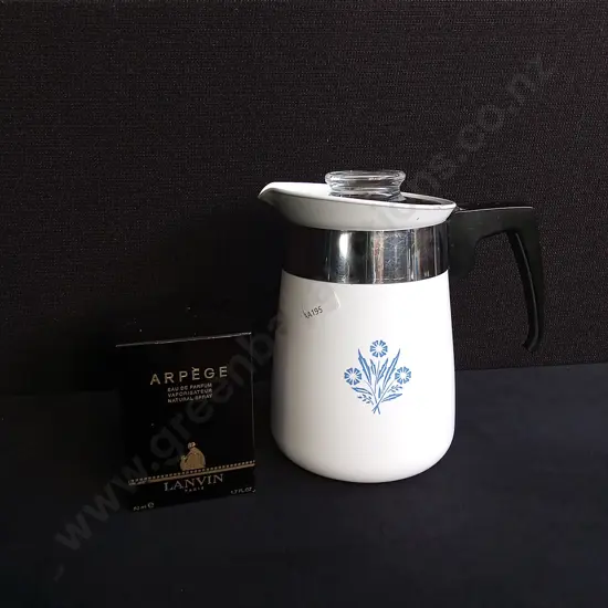 MISCELLANEOUS MIX, BRAND NEW PERFUME AND VINTAGE CORNING WARE STOVETOP PERCOLATOR
