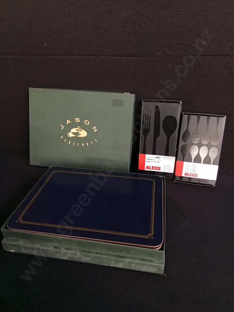 BRAND NEW ALESSI CUTLERY, 3 PIECES SET AND 4 PIECES TEA SPOON SET, VINTAGE JASON PLACE MATS Image 1++