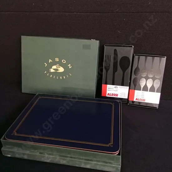 BRAND NEW ALESSI CUTLERY, 3 PIECES SET AND 4 PIECES TEA SPOON SET, VINTAGE JASON PLACE MATS