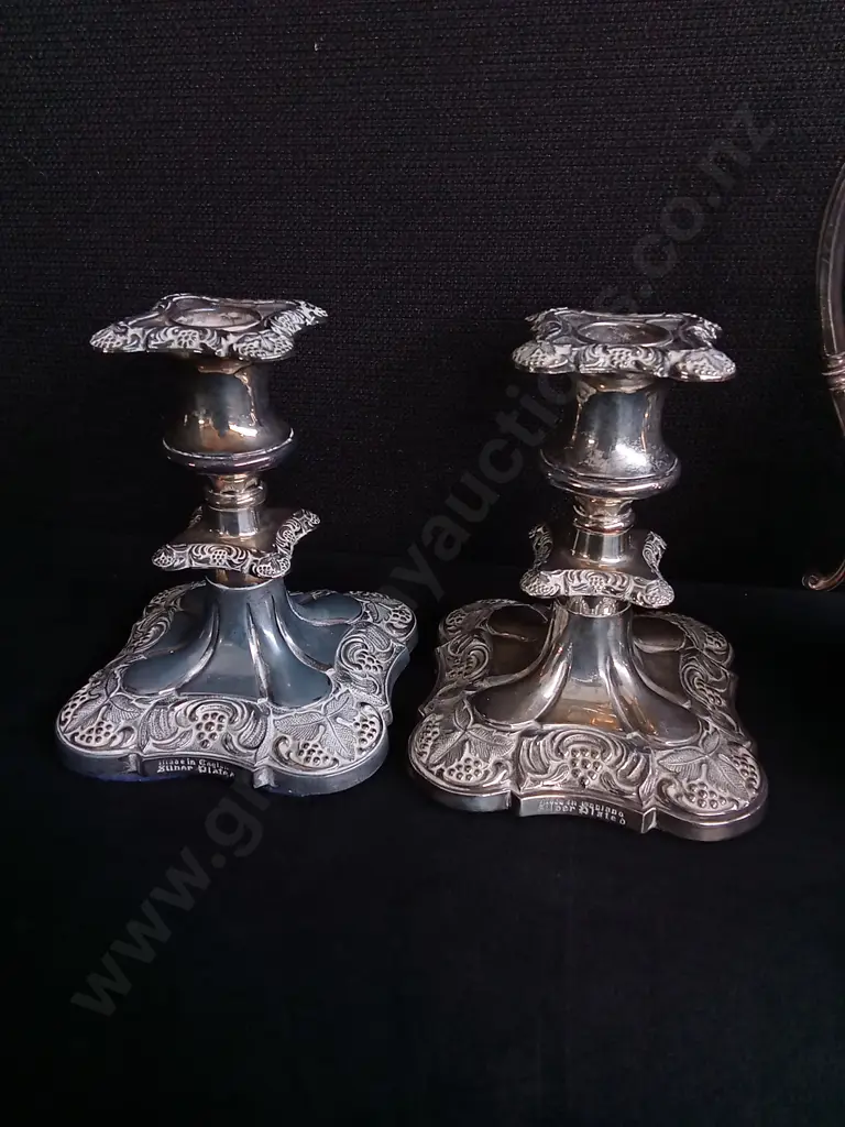 4 PIECES VINTAGE SILVER PLATED ITEMS, INCLUDING PAIR OF CANDLESTICK HOLDERS MADE IN ENGLAND Image 1++