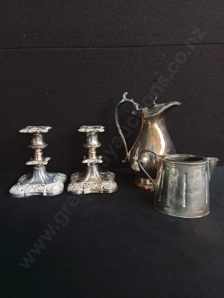 4 PIECES VINTAGE SILVER PLATED ITEMS, INCLUDING PAIR OF CANDLESTICK HOLDERS MADE IN ENGLAND Image 1++