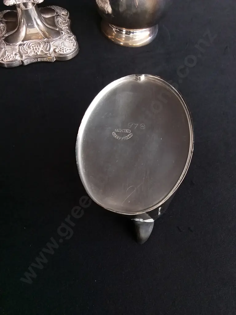4 PIECES VINTAGE SILVER PLATED ITEMS, INCLUDING PAIR OF CANDLESTICK HOLDERS MADE IN ENGLAND Image 1++