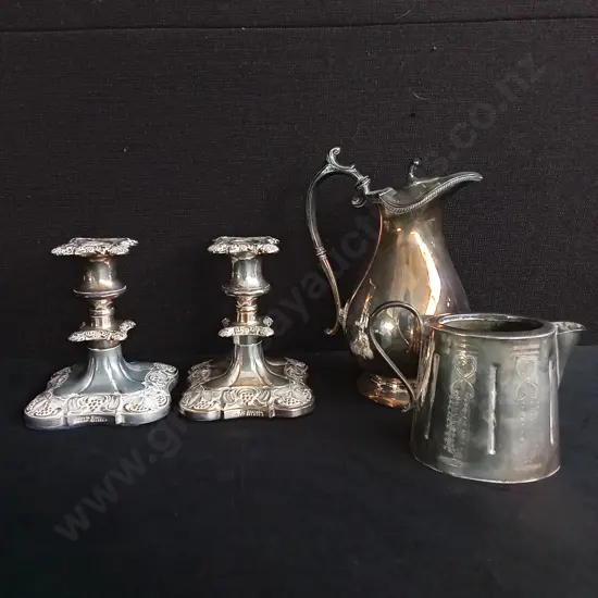 4 PIECES VINTAGE SILVER PLATED ITEMS, INCLUDING PAIR OF CANDLESTICK HOLDERS MADE IN ENGLAND