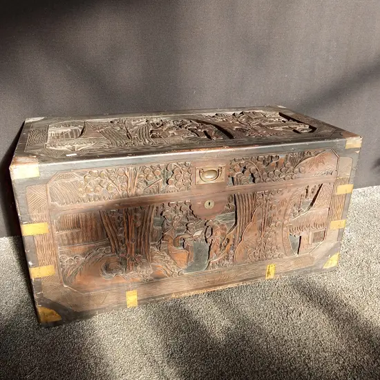 ANTIQUE CHINESE HAND CARVED CAMPHOR WOOD LUGGAGE CHEST L1M D50CM H50CM