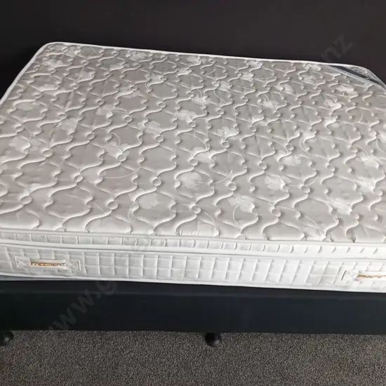 QUEEN BED BASE AND FREEMENT MATTRESS WITH 2 SMALL STAINS AS PICTURED