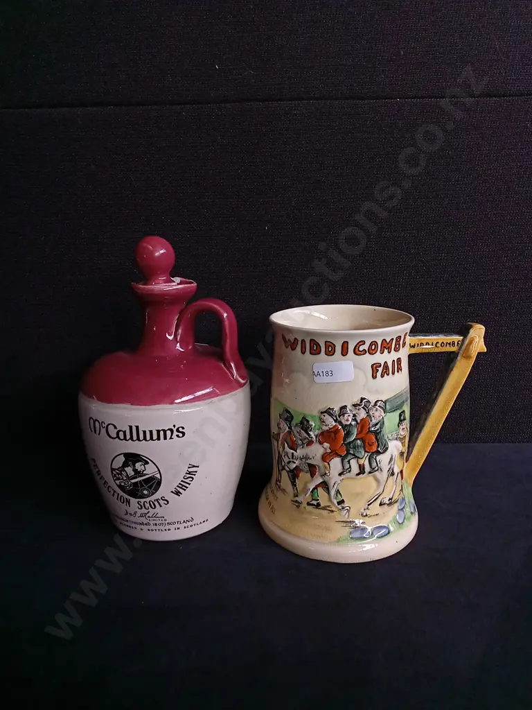 2 PIECES VINTAGE MCCALLUM'S DECANTER AND MUSICAL TANKARD Image 1++