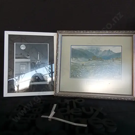 2 FRAMED ARTWORKS AND A CLOCK