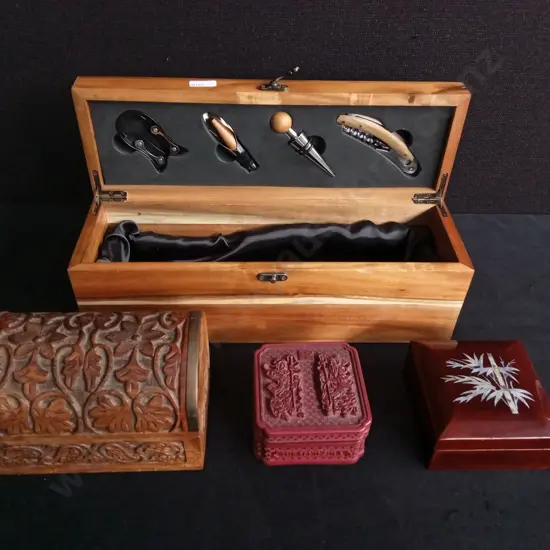 WOODEN WINE GIFT BOX SET AND 3 DECORATIVE WOODEN BOXES