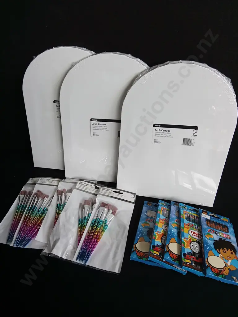 13 PIECES BRAND NEW CANVASES, PAINTBRUSHES AND COLOURED PENCILS Image 1++