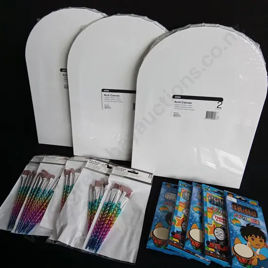 13 PIECES BRAND NEW CANVASES, PAINTBRUSHES AND COLOURED PENCILS