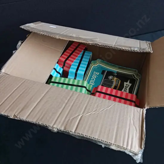 BOX OF CAR BISCUIT TINS