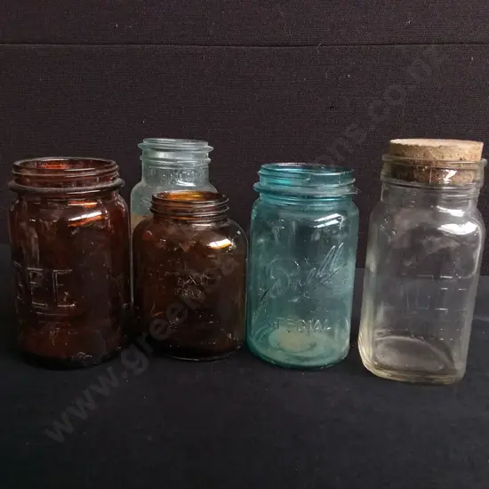 5 VINTAGE GLASS JARS