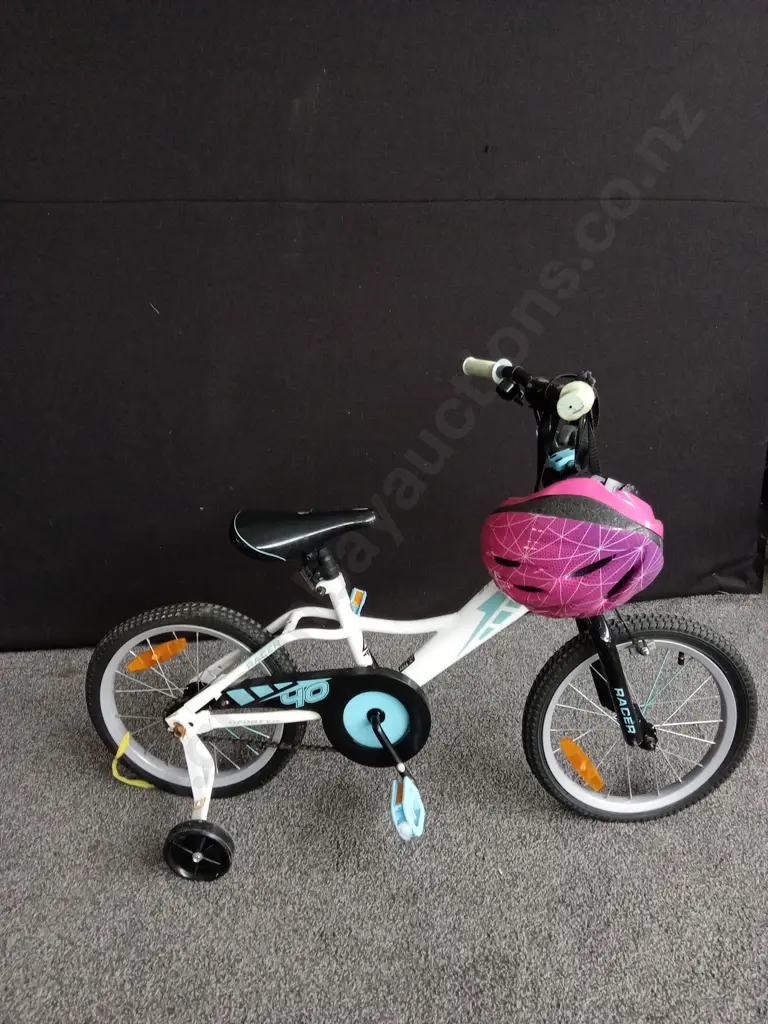 CHILDRENS BIKE WITH ONE TRAINING WHEEL AND A PINK HELMET Image 1++