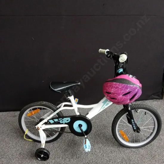 CHILDRENS BIKE WITH ONE TRAINING WHEEL AND A PINK HELMET