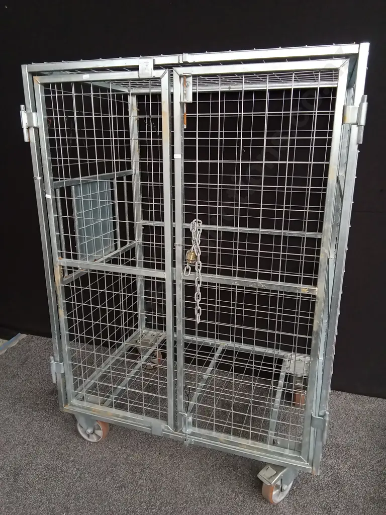 GALVANISED TRANSPORT ROLL CAGE WITH 2 REMOVABLE SHELVES ON LARGE HEAVY DUTY CASTORS WITH LOCKABLE / REMOVABLE DOORS Image 1++