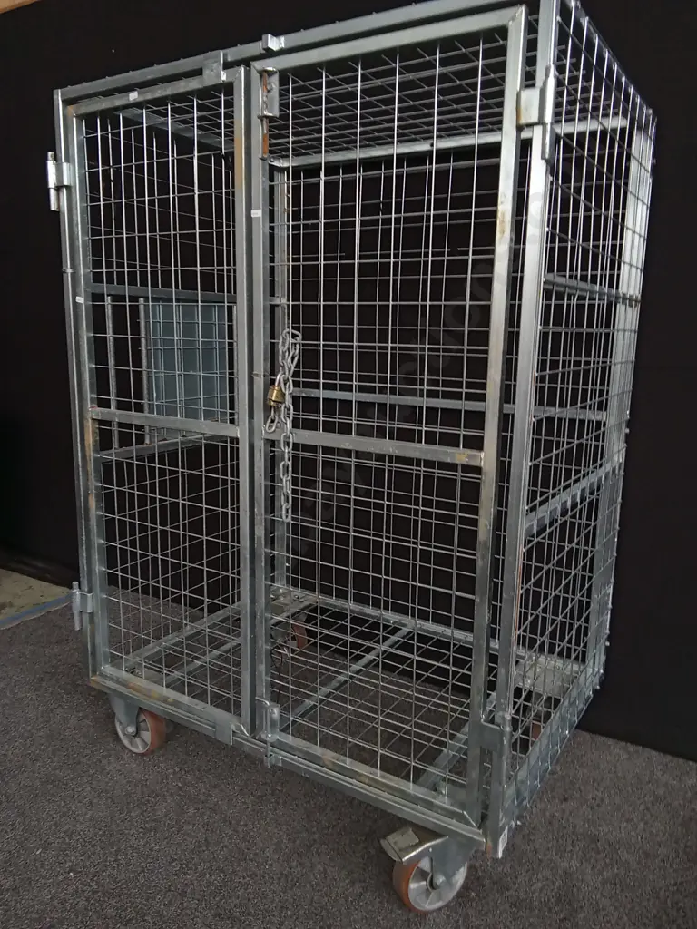 GALVANISED TRANSPORT ROLL CAGE WITH 2 REMOVABLE SHELVES ON LARGE HEAVY DUTY CASTORS WITH LOCKABLE / REMOVABLE DOORS Image 1++