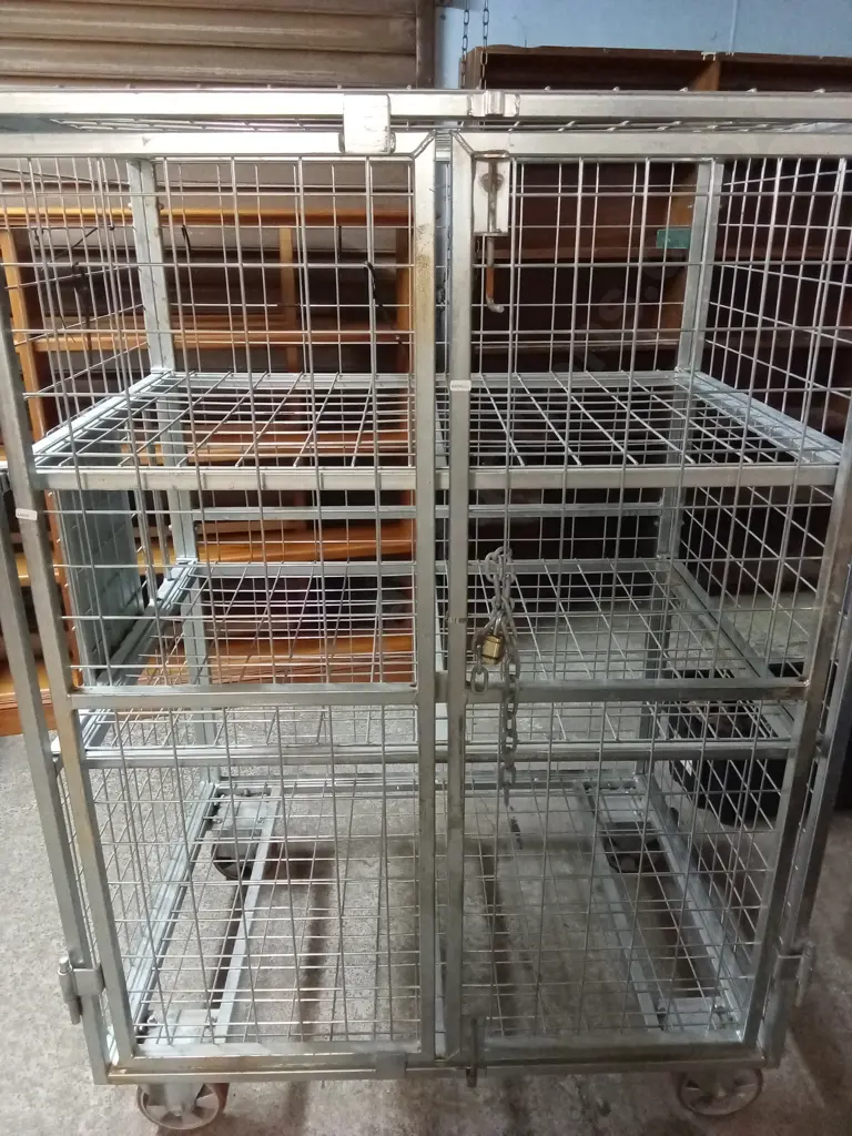 GALVANISED TRANSPORT ROLL CAGE WITH 2 REMOVABLE SHELVES ON LARGE HEAVY DUTY CASTORS WITH LOCKABLE / REMOVABLE DOORS Image 1++