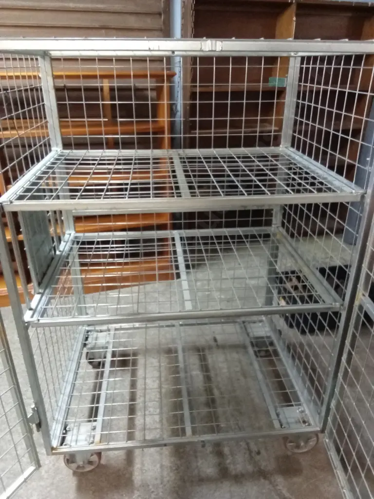 GALVANISED TRANSPORT ROLL CAGE WITH 2 REMOVABLE SHELVES ON LARGE HEAVY DUTY CASTORS WITH LOCKABLE / REMOVABLE DOORS Image 1++