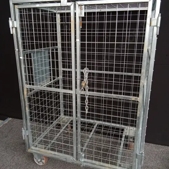 GALVANISED TRANSPORT ROLL CAGE WITH 2 REMOVABLE SHELVES ON LARGE HEAVY DUTY CASTORS WITH LOCKABLE / REMOVABLE DOORS