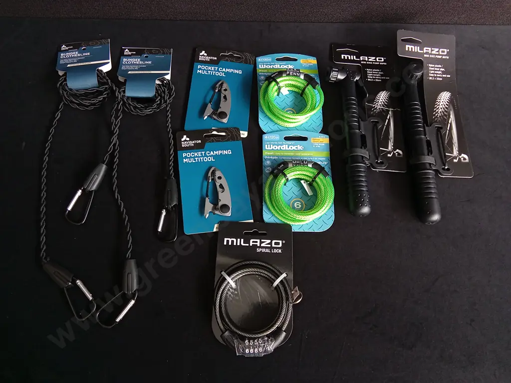 9 PIECES BRAND NEW, BUNGEE CLOTHESLINES, BIKE LOCKS, MINI BIKE PUMPS, CAMPING MULTITOOLS Image 1++