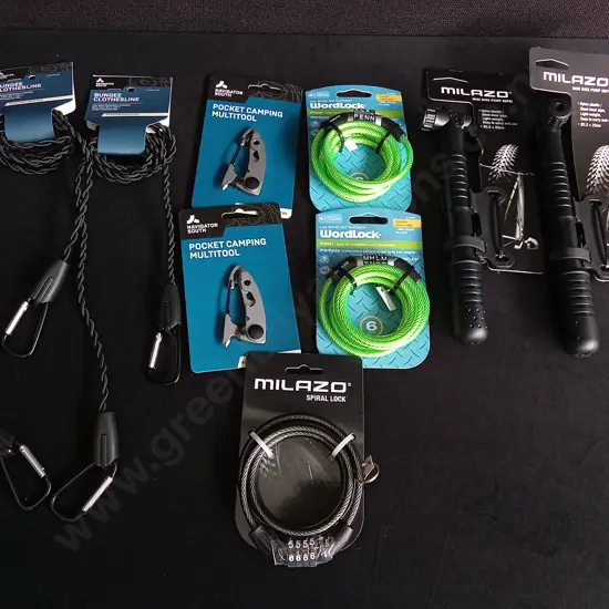 9 PIECES BRAND NEW, BUNGEE CLOTHESLINES, BIKE LOCKS, MINI BIKE PUMPS, CAMPING MULTITOOLS