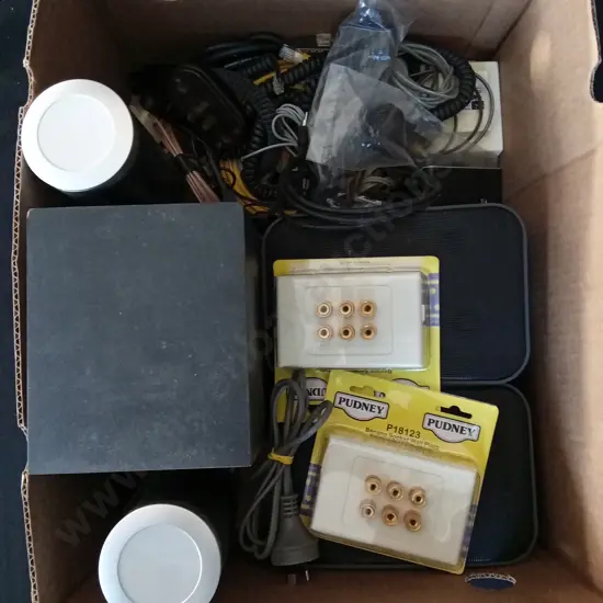 BOX OF SPEAKERS AND AUDIO EQUIPMENT