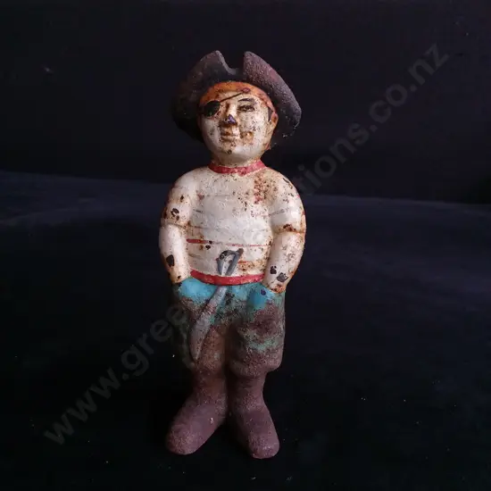 VINTAGE CAST IRON PIRATE STILL BANK, HAND PAINTED 15CM HIGH