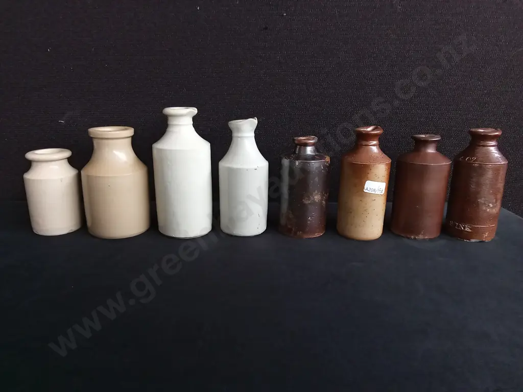 LOT OF 8 ANTIQUE VICTORIAN ERA STONEWARE BOTTLES, SALT GLAZED PENNY INK POTS AND UTILITY JARS Image 1++