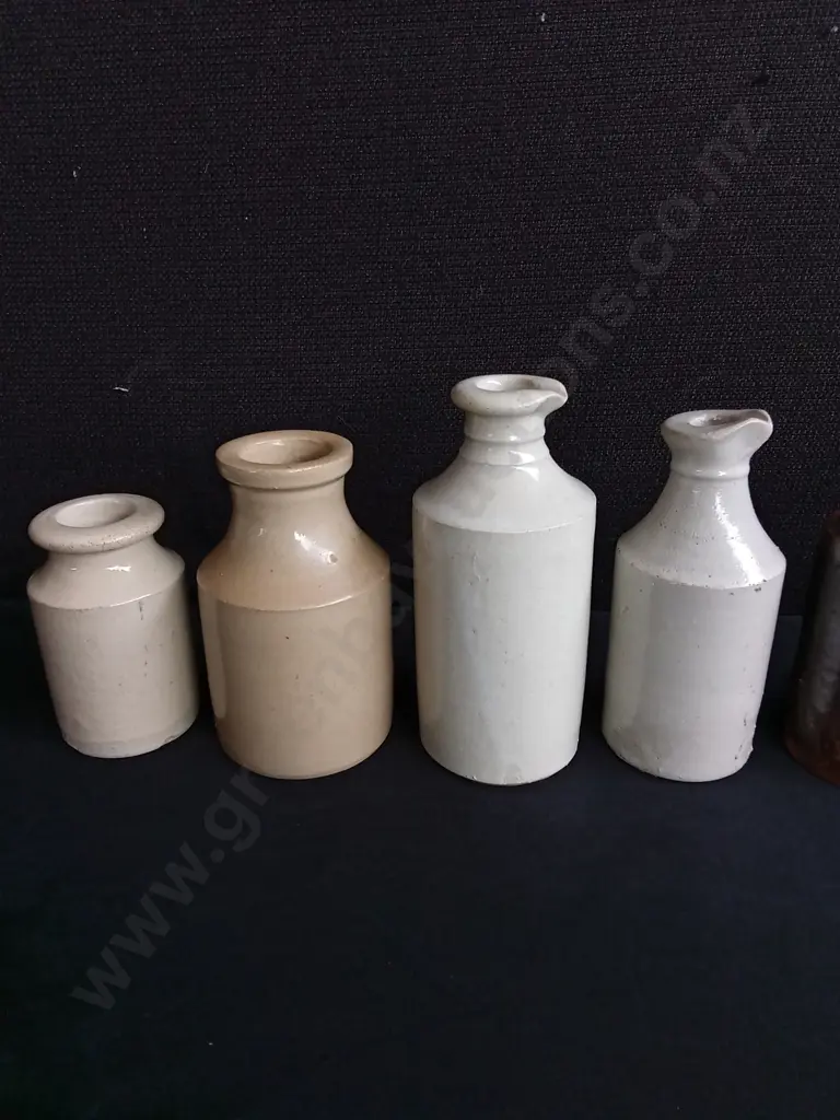 LOT OF 8 ANTIQUE VICTORIAN ERA STONEWARE BOTTLES, SALT GLAZED PENNY INK POTS AND UTILITY JARS Image 1++