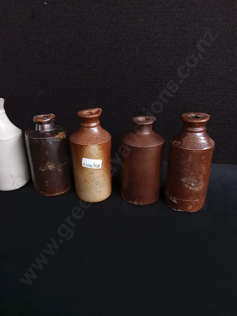 LOT OF 8 ANTIQUE VICTORIAN ERA STONEWARE BOTTLES, SALT GLAZED PENNY INK POTS AND UTILITY JARS Image 1++