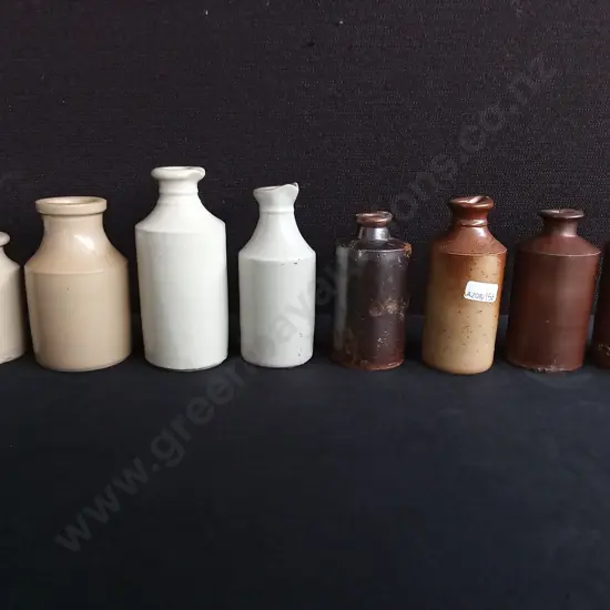 LOT OF 8 ANTIQUE VICTORIAN ERA STONEWARE BOTTLES, SALT GLAZED PENNY INK POTS AND UTILITY JARS