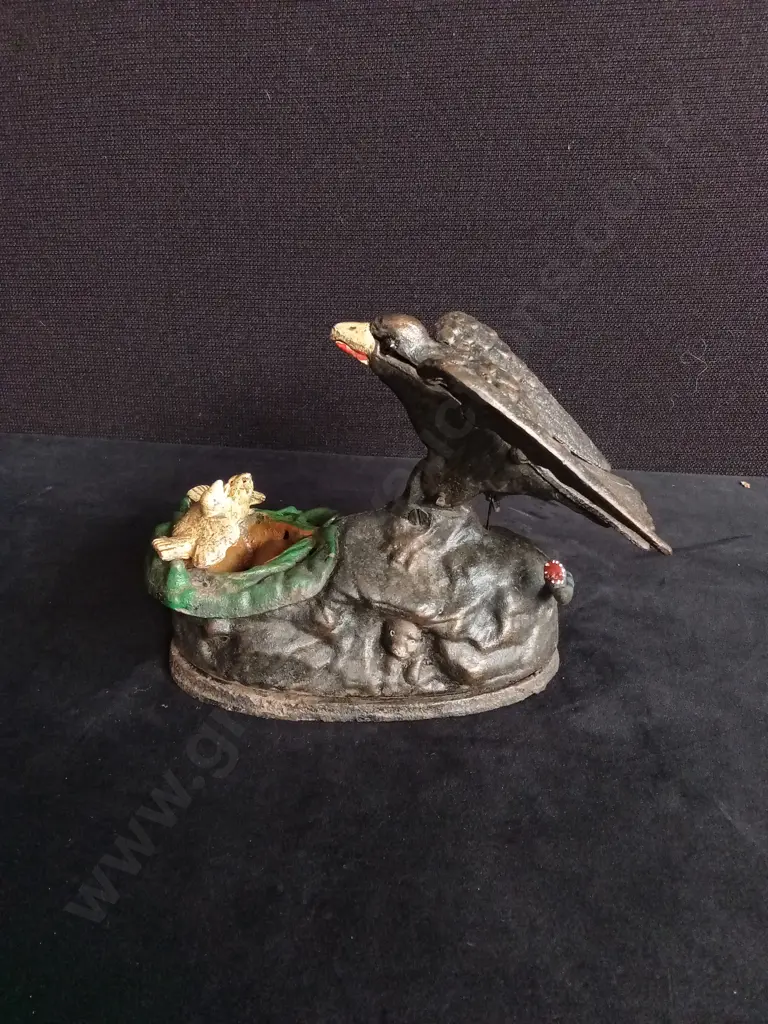 ANTIQUE CAST IRON MECHANICAL EAGLE EAGLETS COIN BANK Image 1++