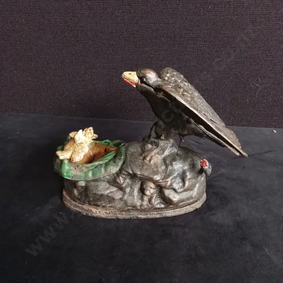ANTIQUE CAST IRON MECHANICAL EAGLE EAGLETS COIN BANK