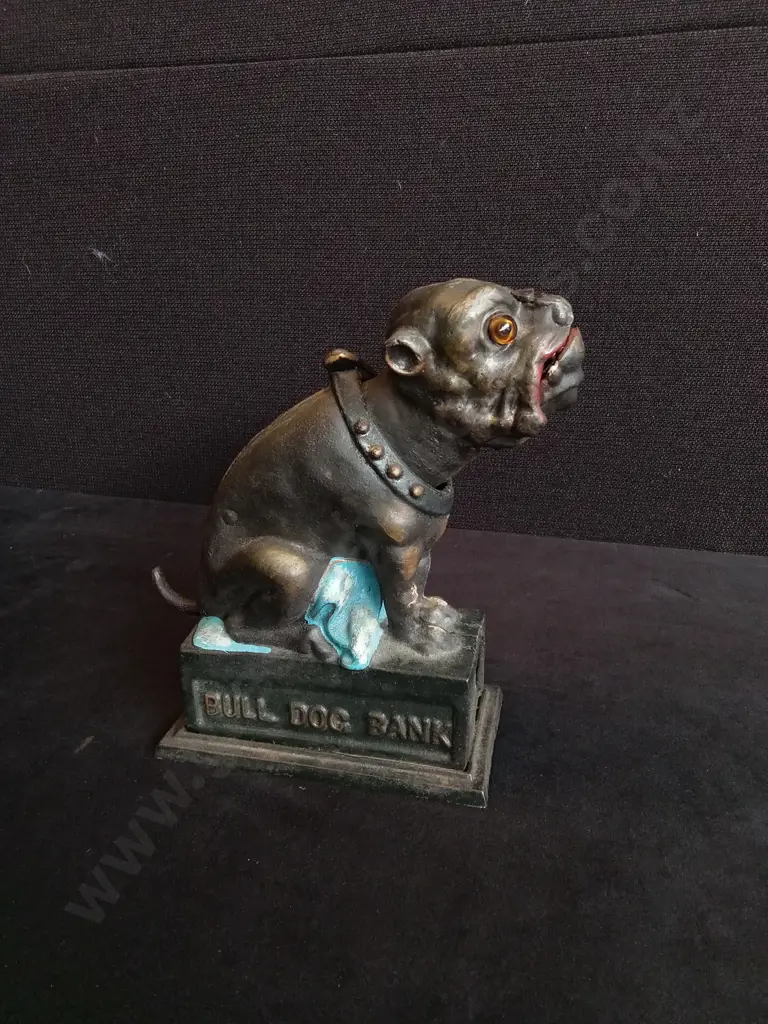 MID CENTURY "BOOK OF KNOWLEDGE" CAST IRON MECHANICAL COIN BANK, REPRODUCTION OF 1880 J. & E. STEVENS BULLDOG BANK 20CM H Image 1++