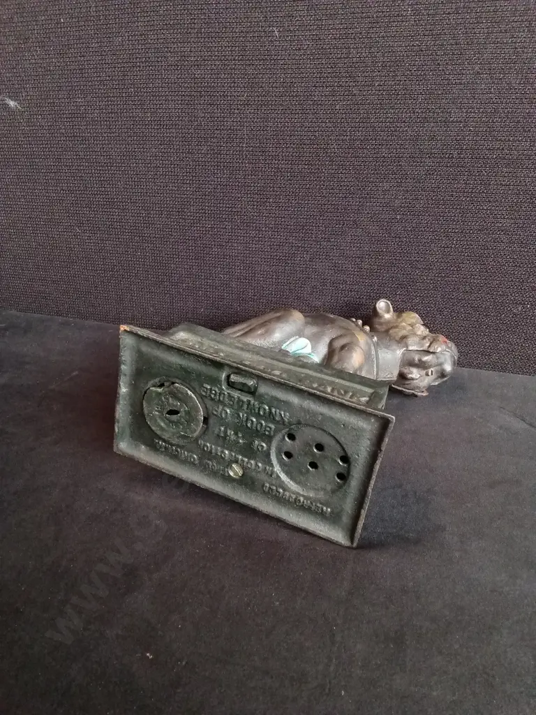 MID CENTURY "BOOK OF KNOWLEDGE" CAST IRON MECHANICAL COIN BANK, REPRODUCTION OF 1880 J. & E. STEVENS BULLDOG BANK 20CM H Image 1++