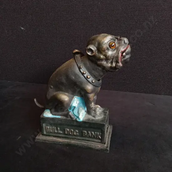 MID CENTURY "BOOK OF KNOWLEDGE" CAST IRON MECHANICAL COIN BANK, REPRODUCTION OF 1880 J. & E. STEVENS BULLDOG BANK 20CM H