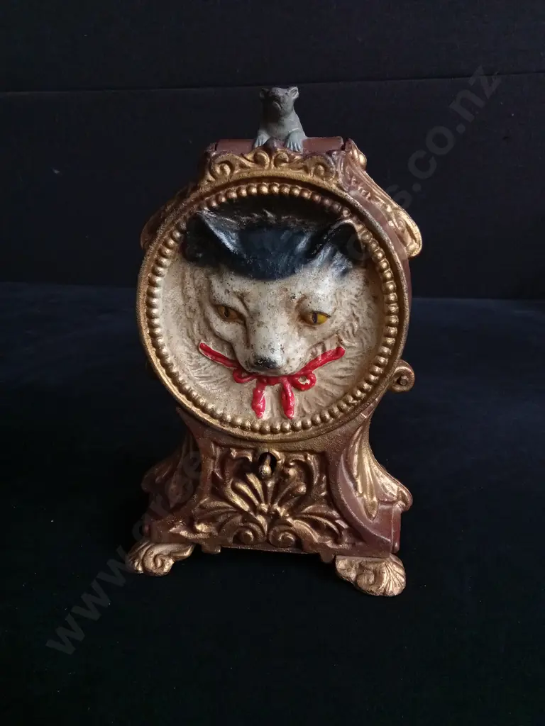 VINTAGE BOOK OF KNOWLEDGE "CAT & MOUSE" CAST IRON MECHANICAL COIN BANK 20CM HIGH Image 1++