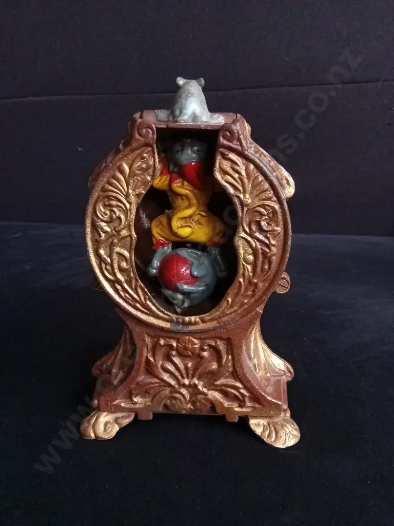VINTAGE BOOK OF KNOWLEDGE "CAT & MOUSE" CAST IRON MECHANICAL COIN BANK 20CM HIGH Image 1++