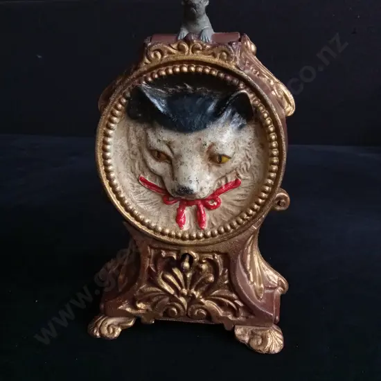 VINTAGE BOOK OF KNOWLEDGE "CAT & MOUSE" CAST IRON MECHANICAL COIN BANK 20CM HIGH