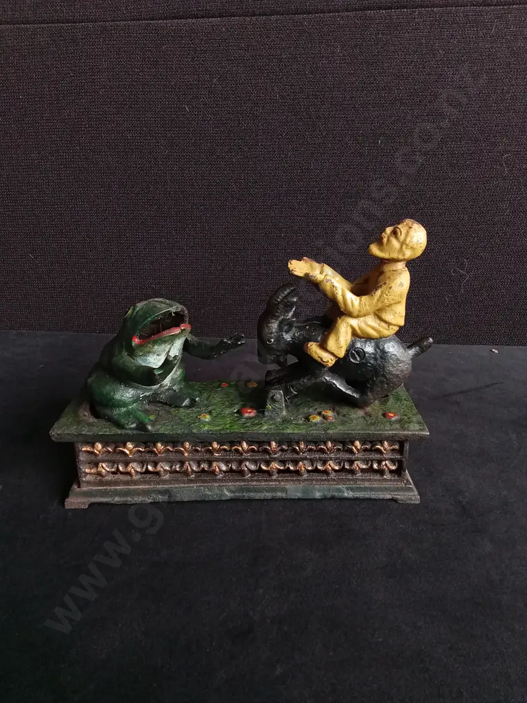 AUTHENTIC "MAN, FROG, AND GOAT" MECHANICAL COIN BANK, 1906 HUBLEY MANUFACTURING COMPANY Image 1++