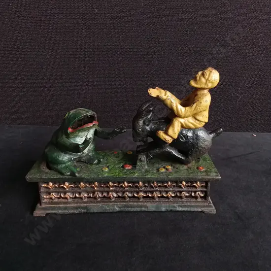 AUTHENTIC "MAN, FROG, AND GOAT" MECHANICAL COIN BANK, 1906 HUBLEY MANUFACTURING COMPANY