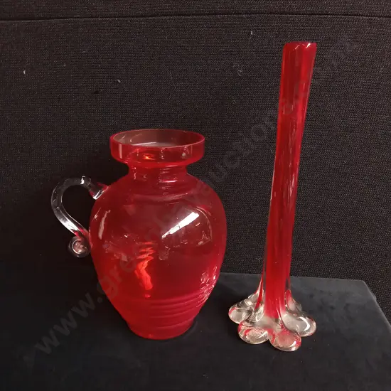 2 VINTAGE RED ART GLASS ITEMS, PITCHER VASE AND TWISTED ELEPHANT FOOT BUD VASE