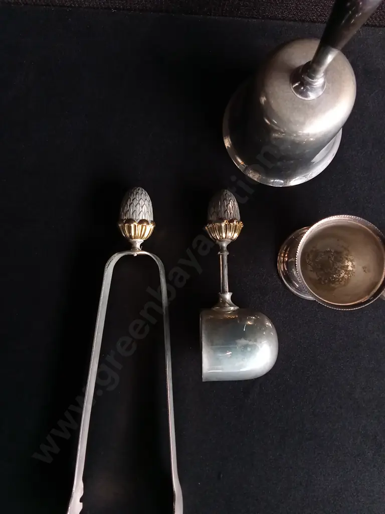 5 PIECES VINTAGE SILVER PLATE COCKTAIL AND BREAKFAST SERVICE ITEMS, INCLUDING BELL AND EGG CUPS Image 1++