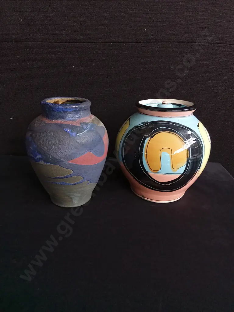 VINTAGE DAVID HUFFMAN OVOID MATTE VASE AND VINTAGE ANDREW VAN DER PUTTEN STUDIO POTTERY LIDDED JAR Image 1++