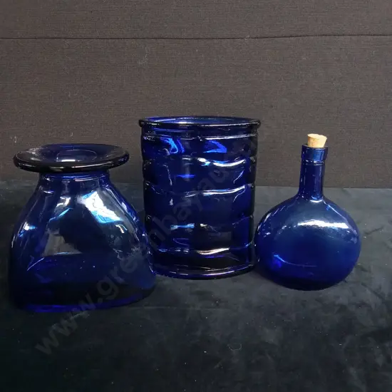 3 COBALT BLUE GLASS ITEMS