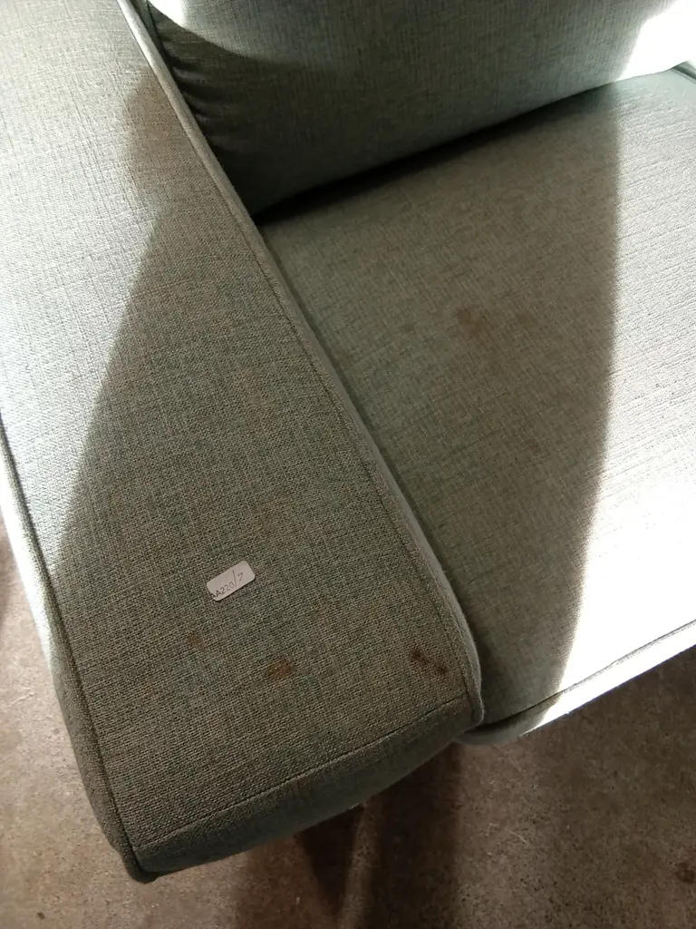 TWO SEATER BLUE FABRIC COUCH HAS A FEW STAINS AS SHOWN IN PHOTOS Image 1++